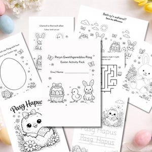 May include: A collection of Easter-themed activity sheets with black and white illustrations of bunnies, chicks, and Easter eggs. The sheets include coloring pages, mazes, and writing practice. The text includes "Easter Activity Pack" and "Design your own Easter egg".