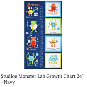 May include: Navy blue growth chart featuring colorful monster illustrations and a height chart from 24 to 60 inches. The chart includes science-themed labels like Chemistry, Physics, and Biology, with encouraging phrases such as "Play, learn and grow TOGETHER!"