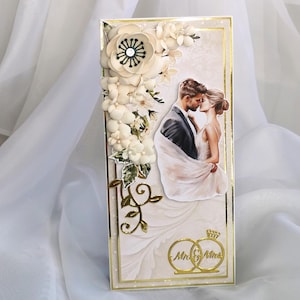 Tarjeta de boda hecha a mano, elegante y de lujo. La manera perfecta de enviar los mejores deseos a los novios en el día de su boda.