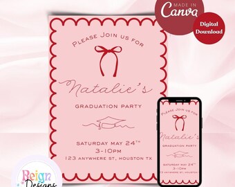 Red & Pink Grad Invitation, Cute Bow (Digital Download)