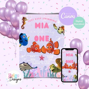 May include: A printable invitation for a first birthday party with a Finding Nemo theme. The invitation features a blue and orange clownfish, a blue tang fish, a sea turtle, and a starfish. The text on the invitation reads "Just Keep Swimming Mia is o-fish-ally one" and includes the date, time, and location of the party.