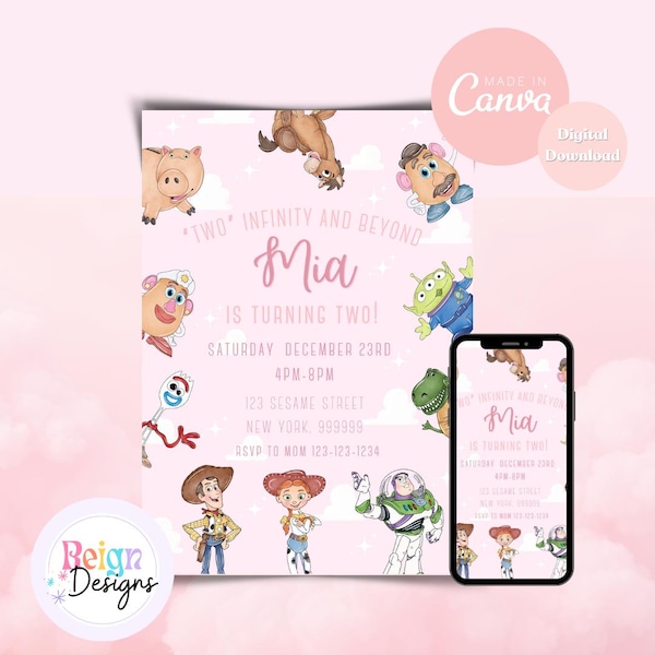 Toy Story Birthday Invitation: Two Infinity, Pink Theme (Digital Download)