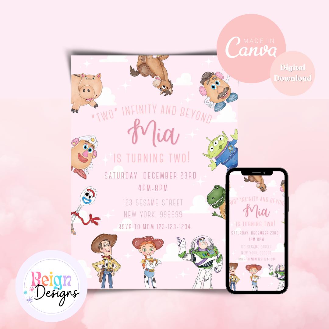 Two Infinity and Beyond Pink Birthday Party Invitation Template, Digital Download, Kids Party, Toys, Two Year Old, Girls