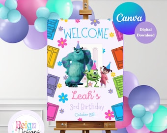Blue and Green Monsters Birthday Party Welcome Sign Little Boo