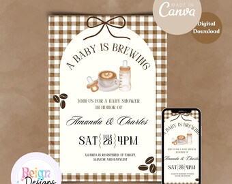 Baby is Brewing Shower Invitation, Coffee Theme (Digital Download, Canva Template