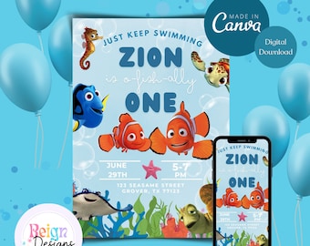 Finding Fish Invitation, First Birthday Invitation, o fish ally one, sea party