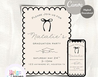 Black Grad Coquette Invitation: Bow & Scallop Design (Digital Download)