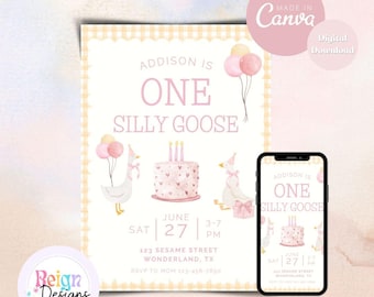Silly Goose Birthday Invitation Template: Pink & Yellow (Digital Download)