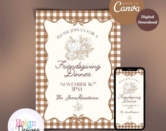 Friendsgiving Dinner Invitation, Brown Gingham, Editable Template (Digital Download)