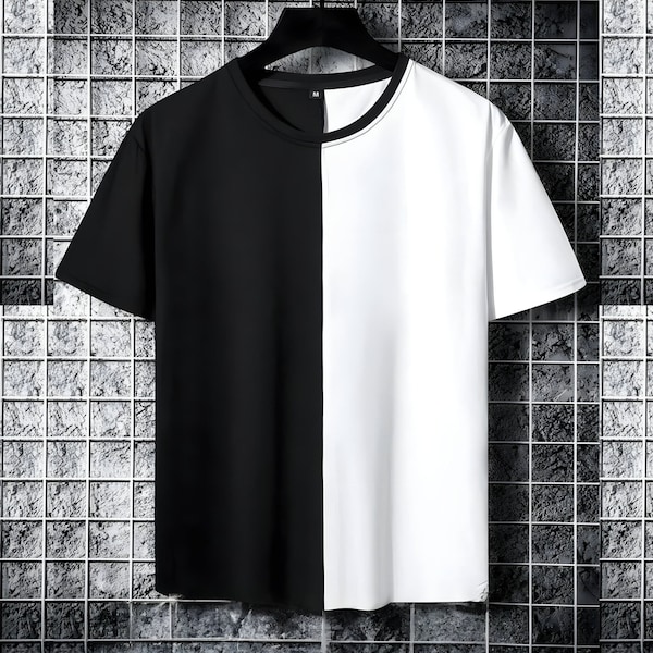 Halb weißes und halb schwarzes Unisex-T-Shirt – trendiges T-Shirt – stylisches T-Shirt – schwarzes stylisches T-Shirt – zweifarbiges Shirt – zweifarbiges Shirt
