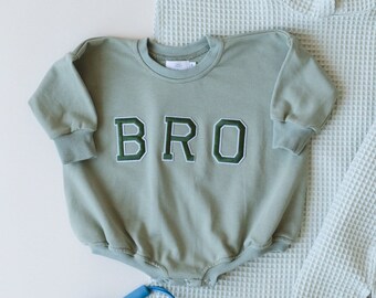 BRO Applique Graphic Oversized Sweatshirt Romper - Bubble Romper - Baby Boy Clothes - Big Brother Outfit - Pregnancy Announcement