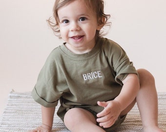 Embroidered Baby Oversized T-Shirt Romper - Short-Sleeved Bubble Romper - Custom Toddler Shirt - Spring Baby Clothes - Baby Boy Outfit Name