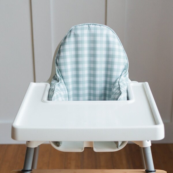 Sage Gingham Cushion Cover for the IKEA Antilop Highchair - Summer Wipeable IKEA Antilop Cushion Cover with Inflatable Cushion Insert