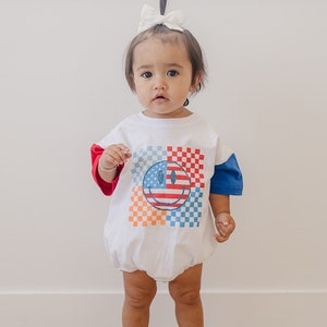 4th of July Colorblock Checker Smiley Oversized T-Shirt Romper - Baby Boy Bubble Romper - 4th of July Outfit - Baby Girl 4th of July Shirt