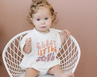 SASSY LITTLE SOUL Oversized T-Shirt Romper - Baby Girl Bubble Romper - Baby Girl Outfit - Retro Groovy Baby Girl Clothes