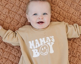 MAMA'S BOY Oversized Sweatshirt Romper - Baby Boy Bubble Romper - Baby Jungen Outfit - Smiley Retro Groovy - Muttertags Outfit Shirt Top Mama