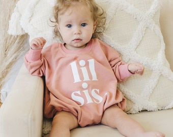 LIL SIS Graphic Oversized Sweatshirt Romper - Bubble Romper - Baby Sister Sweatshirt - Little Sister - Pregnancy Announcement Outfit