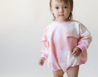 Pink & Yellow Tie Dye Oversized Sweatshirt Romper or Crewneck Sweatshirt - Bubble Romper - Cousin Matching - Baby Toddler Girl Boy