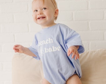 BEACH BABE Oversized T-Shirt Romper - Baby Girl Bubble Romper - Baby Girl Outfit - Beach Ocean Summer Clothes