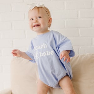 BEACH BABE Oversized T-Shirt Romper - Baby Girl Bubble Romper - Baby Girl Outfit - Beach Ocean Summer Clothes