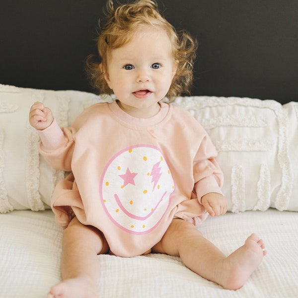 Daisy Smiley Face Graphic Oversized Sweatshirt Romper - Bubble Romper - Baby Girl Clothes - Baby Girl Outfit - Retro Flower Smiley Groovy