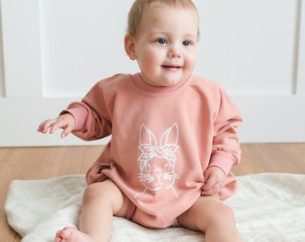 Baby Girl Bunny Easter Graphic Oversized Sweatshirt Romper - Rabbit Sweatshirt Bubble Romper - Baby Girl Clothes - Baby Girl Easter Shirt