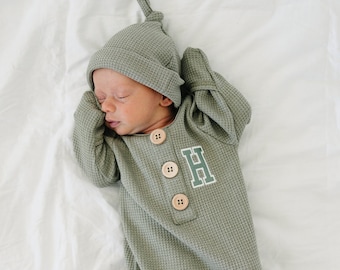 Custom Embroidered Waffle Hat and Knotted Gown Set - Newborn Coming Home Outfit - Gown & Hat Set - Custom Baby Name Announcement Clothes