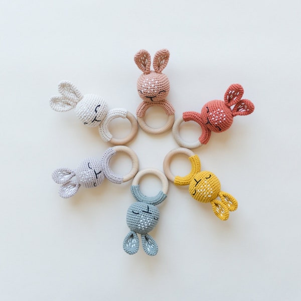 Easter Crocheted Bunny Baby Rattle on Wooden Teething Ring - Wood Teether Toy - Amigurumi Animal Rabbit - Neutral Boho - Easter Basket Gift