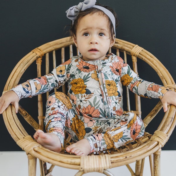 BOHO FLORAL Bamboo Zippy Romper - Bamboo Baby Pajamas - Fall Bamboo Zipper Romper - Convertible Romper PJs - Baby Girl - Flower Retro