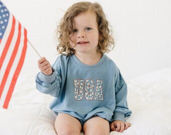 USA Daisy Graphic Oversized Bamboe Sweatshirt Romper - 4 juli Baby Girl Sweatshirt Bubble Romper - Peuter - Rood Wit Blauw Vlag Shirt