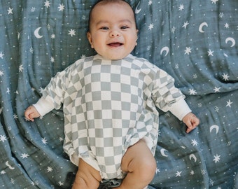 Gray Checkered Bamboo Bubble Romper - Neutral Checker Sweatshirt Romper - Fall Sweatshirt Romper - Baby Boy Clothes - Bamboo Daywear - Girl