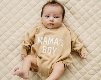 MAMA'S BOY Oversized Sweatshirt Romper - Baby Boy Bubble Romper - Baby Boy Outfit - Baby Graphic Romper - Mother's Day Outfit Shirt Top Mom