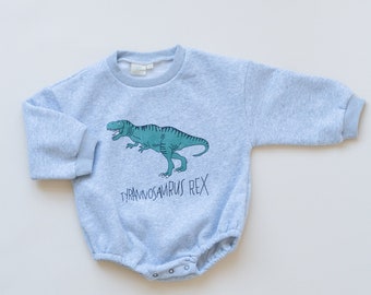 Gray Dinosaur Graphic Oversized Sweatshirt Romper - T-Rex Baby Bubble Romper - Bubble Romper - Baby Boy Clothes - Tyrannosaurus Rex