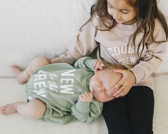 New to the Crew Oversized Sweatshirt Romper - Baby Bubble Romper - Sweatshirt Bubble Romper - Baby Clothes Outfit - Siblings Cousin Matching