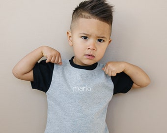 Custom Name Embroidered Colorblock Tee - Custom Toddler Shirt Baby Clothes - Toddler Boy Clothes - Gray Black Neutral