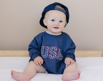 USA Grafisch Oversized Sweatshirt Romper - Baby Boy Bubble Romper - 4 juli Sweatshirt - Baby Girl 4 juli Outfit - Minimalistisch