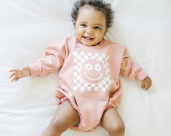 Daisy Checker Smiley Face Oversized Sweatshirt Romper - Bubble Romper - Baby Girl Clothes - Baby Girl Outfit - Retro Flower Smiley Groovy