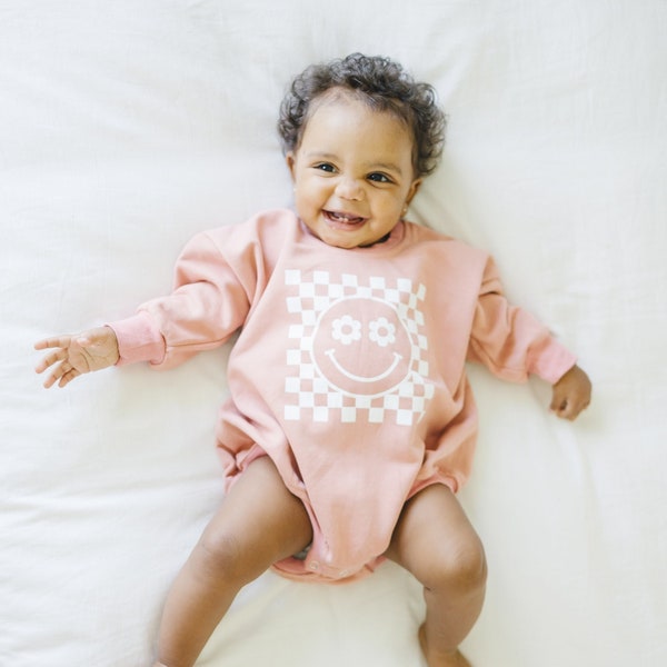 Daisy Checker Smiley Face Oversized Sweatshirt Romper - Bubble Romper - Baby Girl Clothes - Baby Girl Outfit - Retro Flower Smiley Groovy