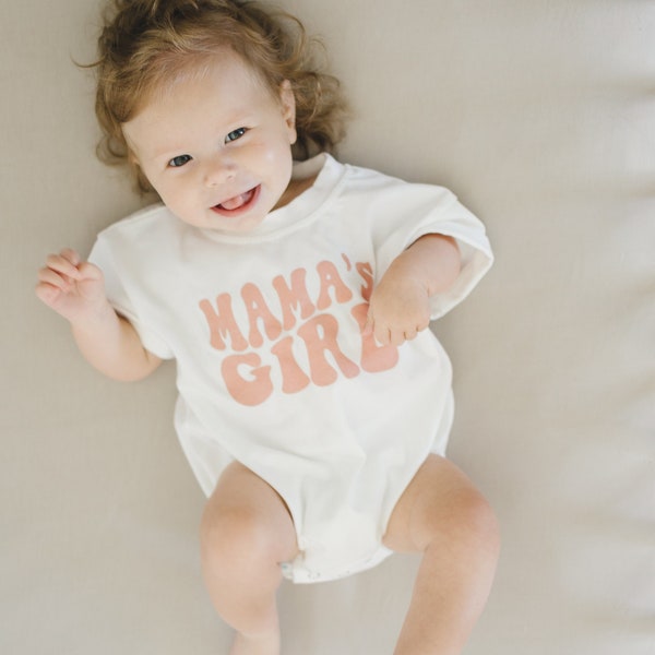 MAMA'S GIRL Oversized T-Shirt Romper - Baby Girl Bubble Romper - Baby Girl Outfit - Mother's Day Outfit Shirt - Retro Groovy - Mom Daughter