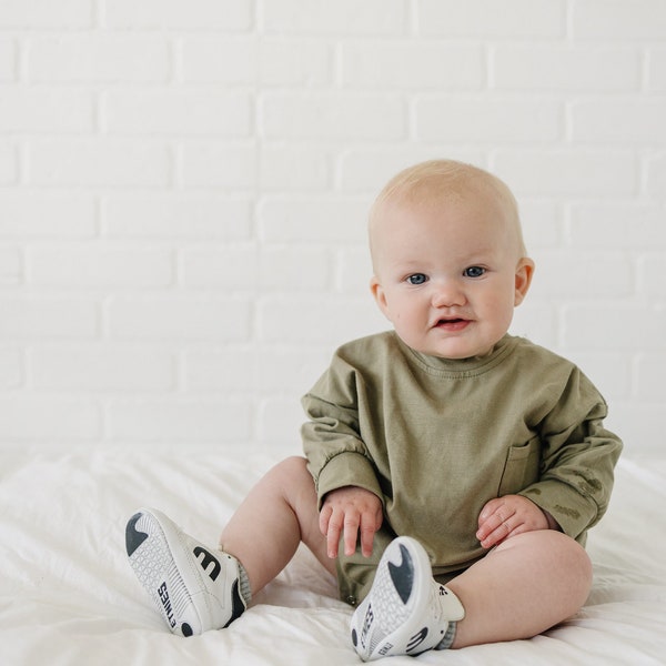 Long-Sleeved Oversized Pocket Tee Romper - LS T-Shirt Romper - Baby Bubble Romper - Spring Winter Baby Clothes - Baby Boy Outfit - Brown