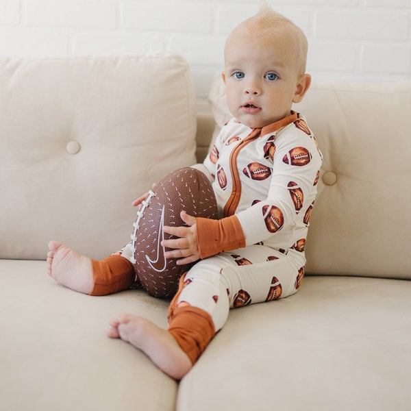 Football Print Bamboo Zippy Romper - Bamboo Baby Pajamas - Fall Bamboo Zipper Romper - Convertible Romper PJs - Zippy PJ - Baby Boy