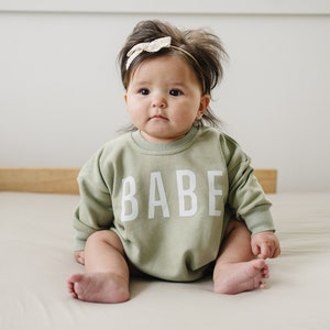 BABE Oversized Sweatshirt Romper - Baby Girl Bubble Romper - Baby Outfit - Baby Graphic Romper - Baby Girl Clothes - Neutral Baby Shirt