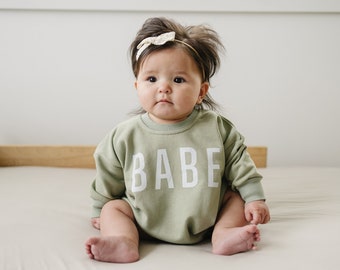 BABE Oversized Sweatshirt Romper - Baby Girl Bubble Romper - Baby Outfit - Baby Graphic Romper - Baby Girl Clothes - Neutral Baby Shirt