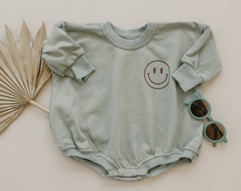 Smiley Face Oversized Sweatshirt Romper - Neutral Baby Bubble Romper - Baby Boy Outfit - Baby Girl Clothes - Sage Green Purple Mauve