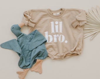 LIL BRO Graphic Oversized Sweatshirt Romper - Sweatshirt Bubble Romper - Baby Boy Clothes - Little Brother - Pregnancy Gender Reveal Outfit