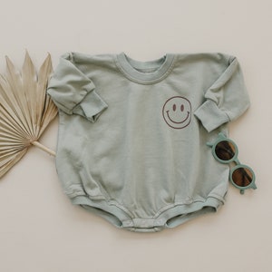 Smiley Face Oversized Sweatshirt Romper - Neutral Baby Bubble Romper - Baby Boy Outfit - Baby Girl Clothes - Sage Green Purple Mauve