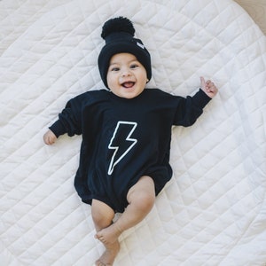 Lightning Bolt Black Bamboo Sweatshirt Romper - Bubble Romper - Sweater Romper - Baby Boy Clothes - Bamboo Daywear - Baby Boy Outfit