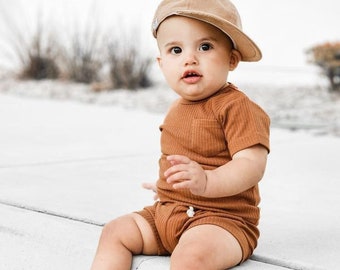 Organic Cotton Ribbed Baby Outfit - Ribbed Shirt & Shorts Set - Neutral Baby Clothes - 2pc Baby Boy or Girl Outfit - Neutral