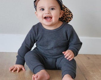 Baby & Toddler Waffle Knit Outfit - Waffle Pant and Shirt Set - Matching Beanie - Neutral Baby Clothes - Olive Gray Navy - Baby Boy Clothes