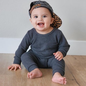 Baby & Toddler Waffle Knit Outfit Waffle Pant and Shirt Set Matching Beanie Neutral Baby Clothes Olive Gray Navy Baby Boy Clothes image 1